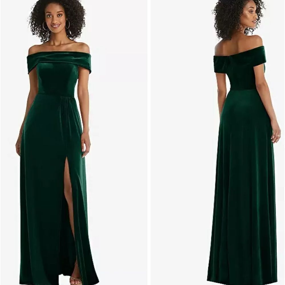 NWT After Six Draped Cuff Off-the-Shoulder Velvet Maxi Dress Pockets Evergreen 8